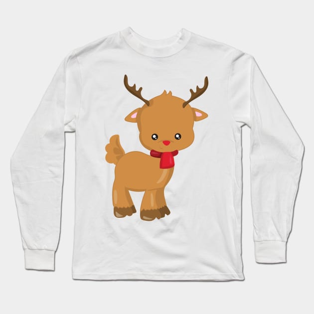 Christmas Reindeer, Red Nose, Scarf, New Year Long Sleeve T-Shirt by Jelena Dunčević